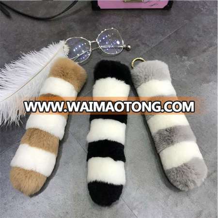 Large Real Rex Rabbit Fur Tail keychain Fur Tassel Car Key ring Bag Charm Tag Pompom Keychain Fashion Stripe Tail